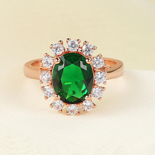 Classic Rose Gold Oval Green Stone & Brilliant Paved Halo Ring-EllyBoutique