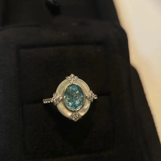 Timeless Vintage White Silver Aquamarine Adjustable Ring-EllyBoutique