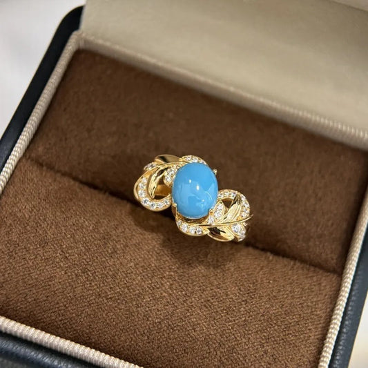 Retro Gold & Blue Stone Leaf Design Ring-EllyBoutique