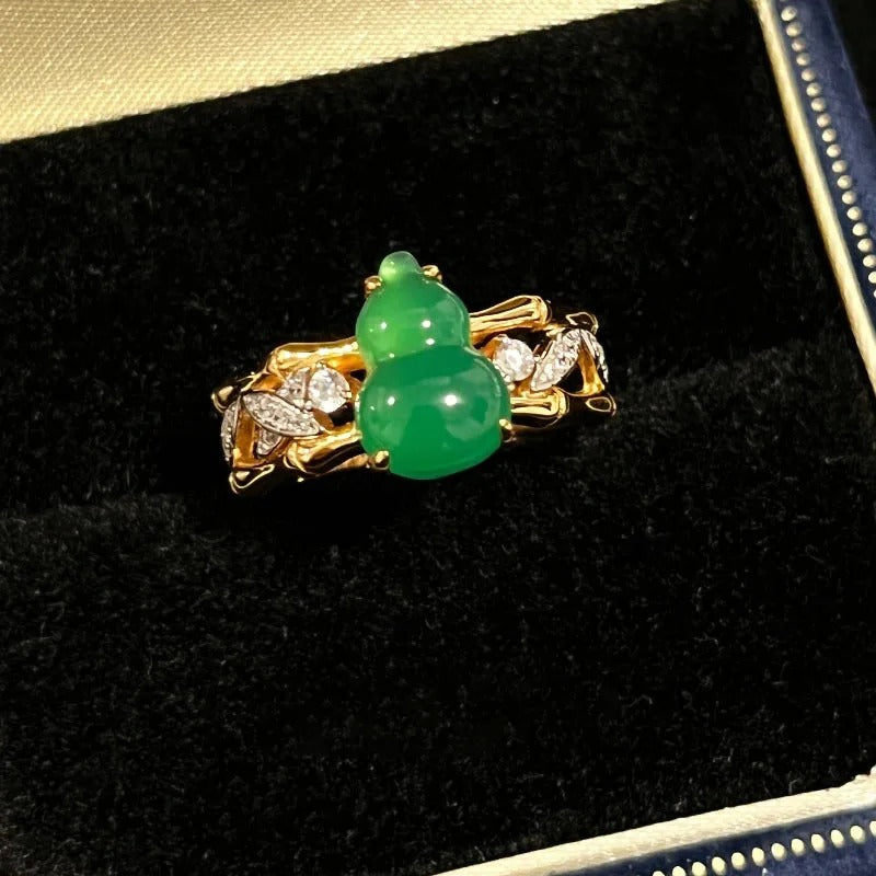 Vintage Green Bamboo Knot Gourd & Diamond Gold Adjustable Ring-EllyBoutique