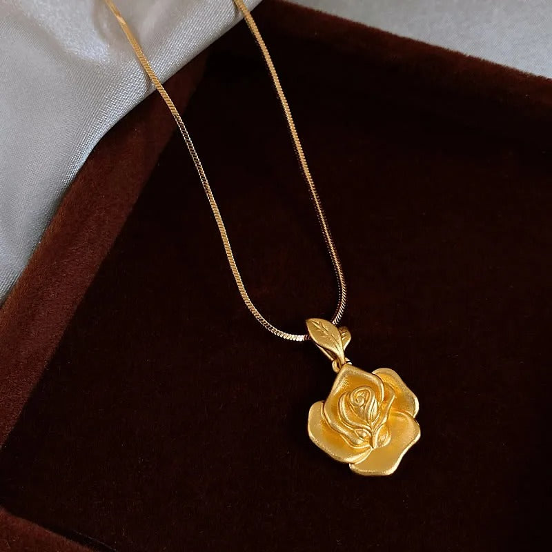 Vintage Gold Rose Pendant Necklace-EllyBoutique