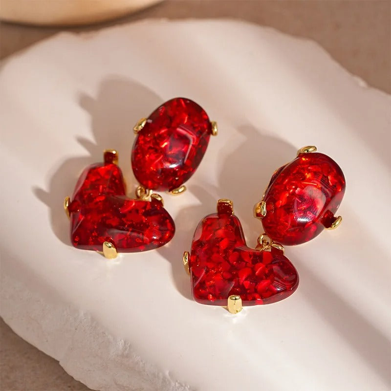 Vintage Red Heart Glass Pendant Earrings-EllyBoutique