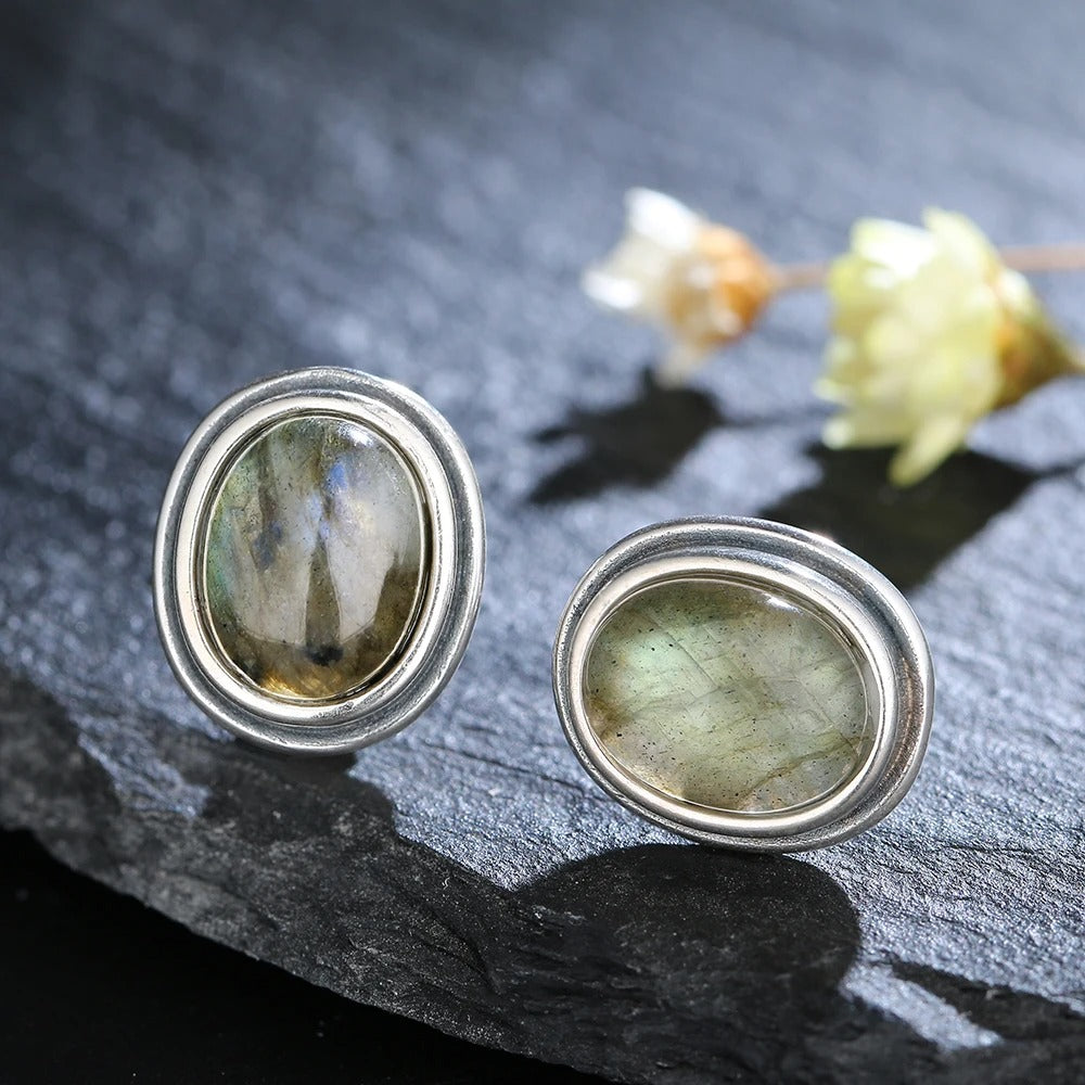Vintage Silver Labradorite Stud Earrings-EllyBoutique