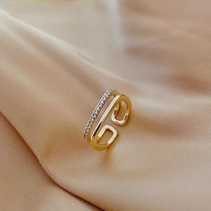 Gold Double Band & Crystal Adjustable Ring-EllyBoutique