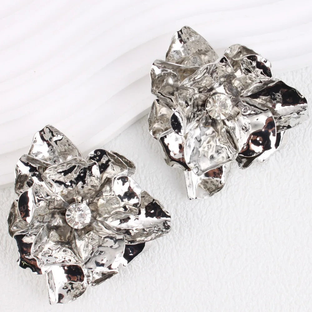 Vintage Silver Big Flower Crystal Earrings-EllyBoutique