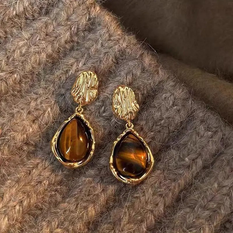 Vintage Gold Amber Brown Dangle Earrings-EllyBoutique