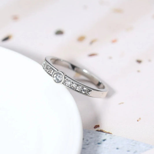 Classic Silver Central Round Gem Band Ring-EllyBoutique