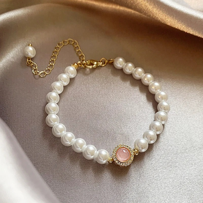 Vintage Pearl & Gold Rose Quartz Bracelet-EllyBoutique