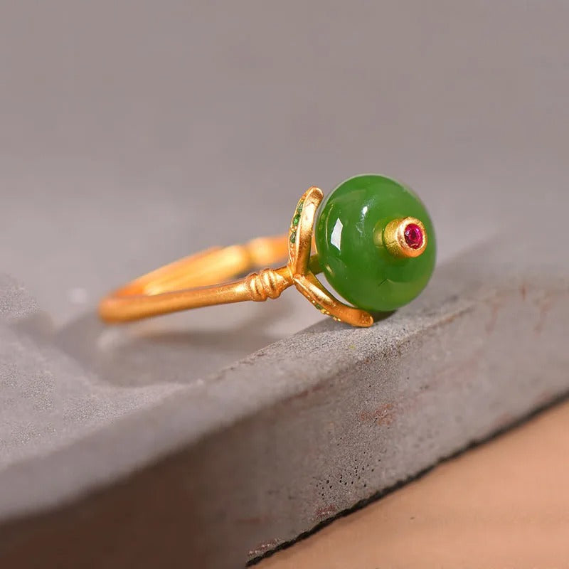 Vintage Gold Green Gemstone & Unique Square Adjustable Ring-EllyBoutique