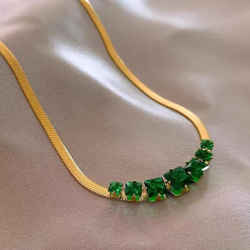 Vintage Gold Green Gemstone Statement Necklace-EllyBoutique