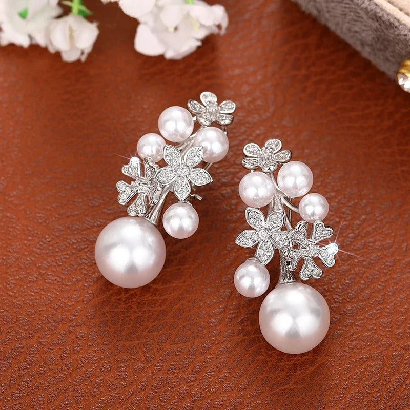 Vintage Silver Floral Pearl Earrings-EllyBoutique