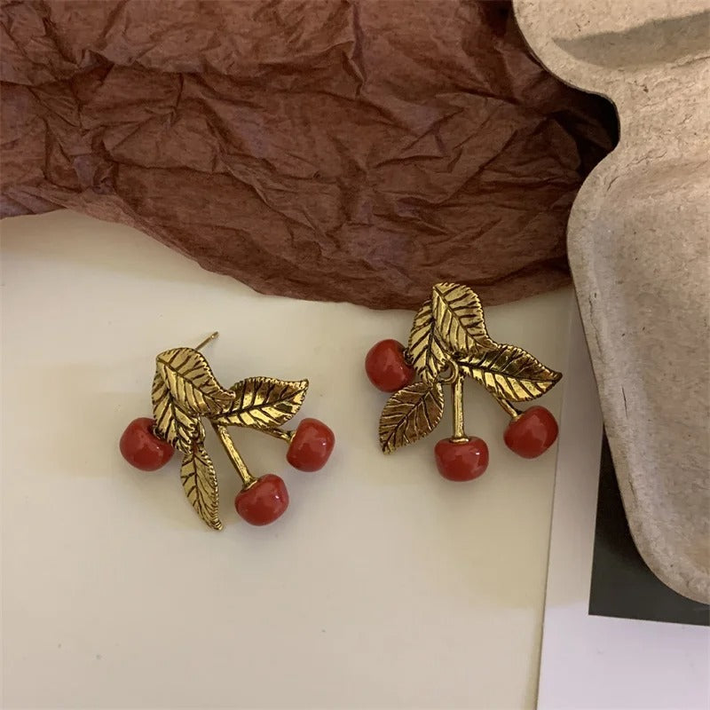 Classic Gold Red Cherry Stud Earrings-EllyBoutique