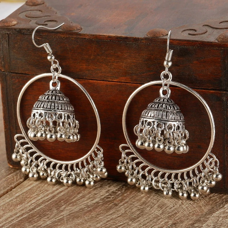 Vintage Silver Hoop & Bell Earrings-EllyBoutique