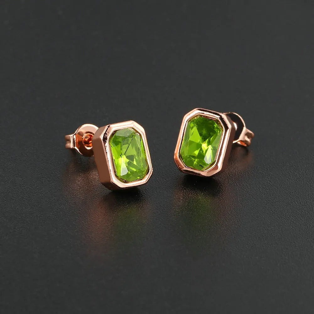 Vintage Rose Gold Green Rectangular Gemstone Earrings-EllyBoutique