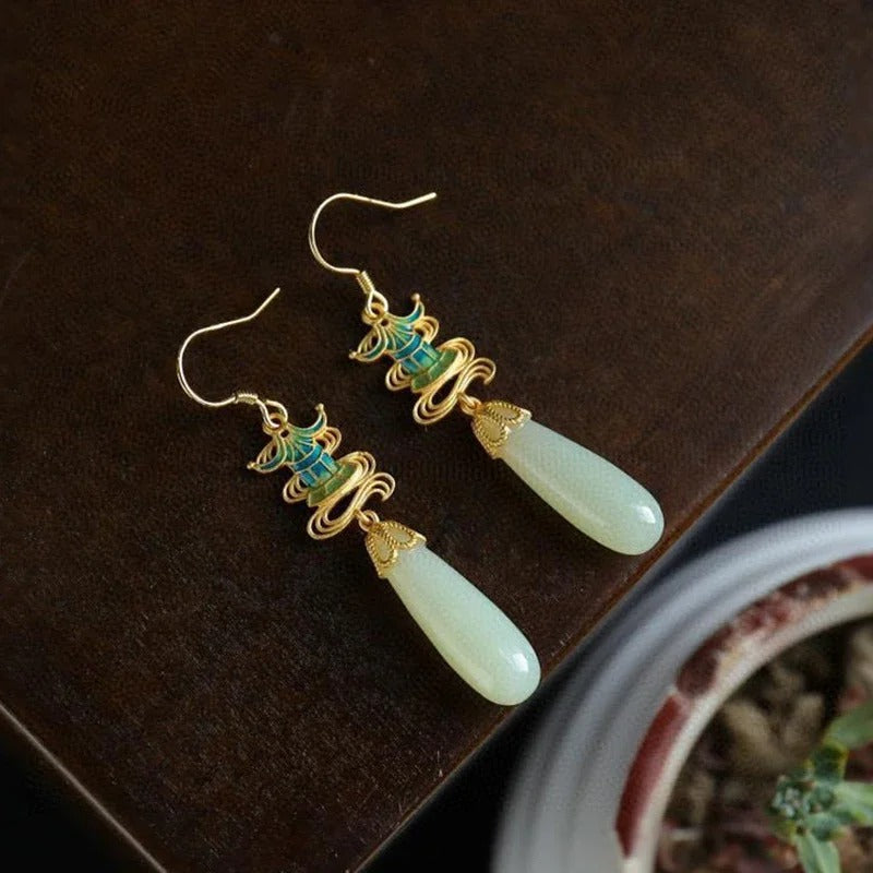 Classic Gold & Teal Drop Jade Earrings-EllyBoutique
