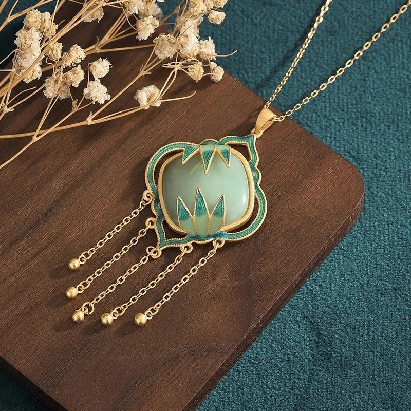 Vintage Gold Bamboo Leaf Green Square Pendant Necklace-EllyBoutique