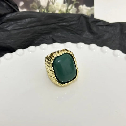 Vintage Gold Green Stone Textured Adjustable Ring-EllyBoutique