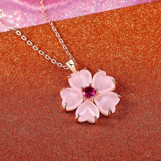 Gold Pink Flower Pendant Necklace-EllyBoutique