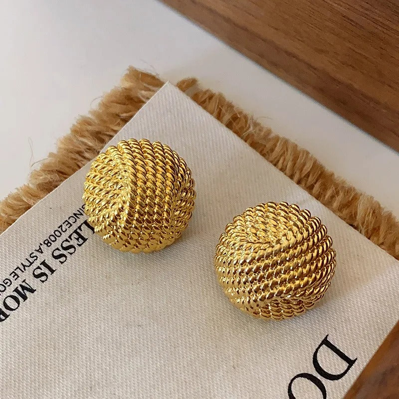 Gold Woven Knot Ball Stud Earrings-EllyBoutique