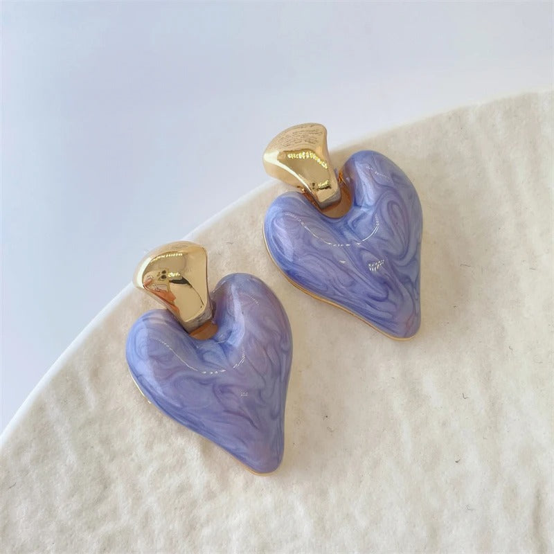 Vintage Gold Purple Heart Dangle Earrings-EllyBoutique