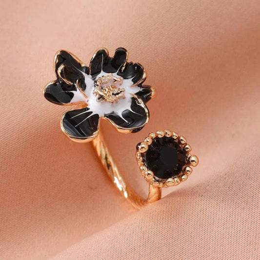 Vintage Gold Black Flower & Black Gemstone Open Ring-EllyBoutique