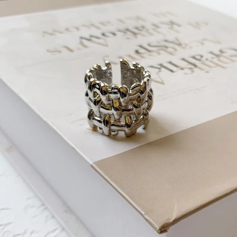 Silver Chain-Link Statement Unique Adjustable Ring-EllyBoutique