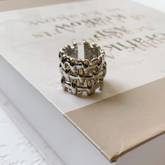 Silver Chain-Link Statement Unique Adjustable Ring-EllyBoutique