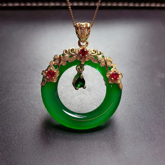 Classic Green Crystal Floral Ring Pendant Necklace-EllyBoutique
