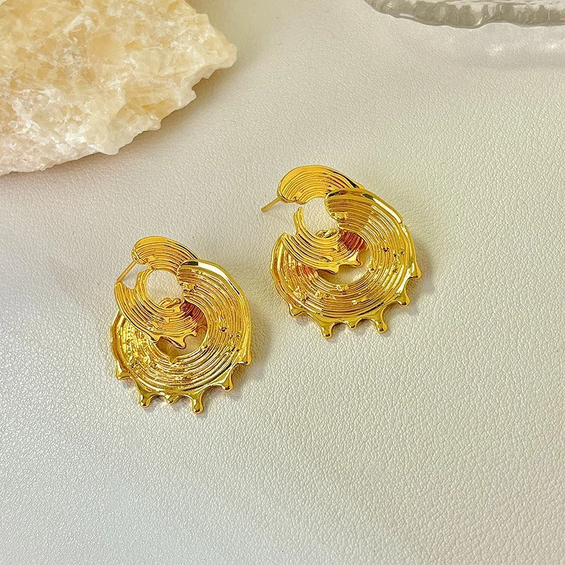 Vintage Gold Wave Round Double Hoop Stud Earrings-EllyBoutique