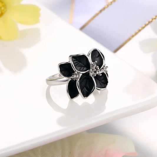 Classic Silver Black Floral Leaf Ring-EllyBoutique
