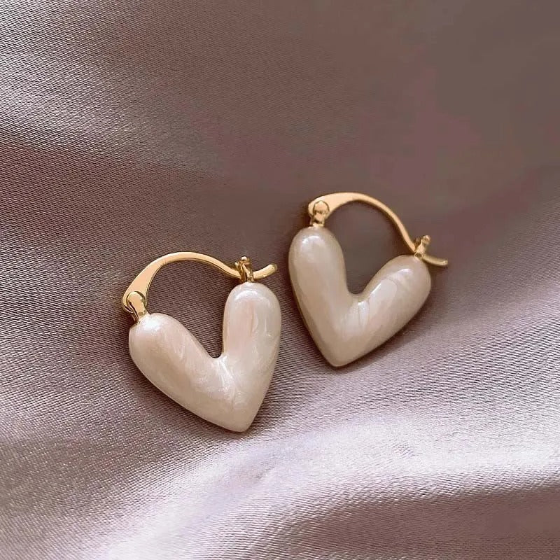 Vintage White Heart Gold Hoop Earrings-EllyBoutique