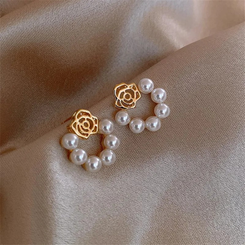 Gold Pearl & Rose Floral Hoop Earrings-EllyBoutique
