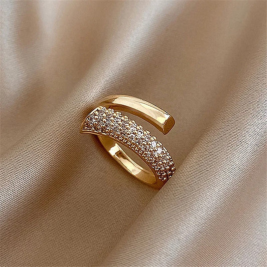 Gold Pave Crossover Sparkling Crystal Adjustable Ring-EllyBoutique