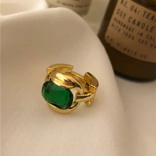 Vintage Gold Green Gemstone Adjustable Ring-EllyBoutique