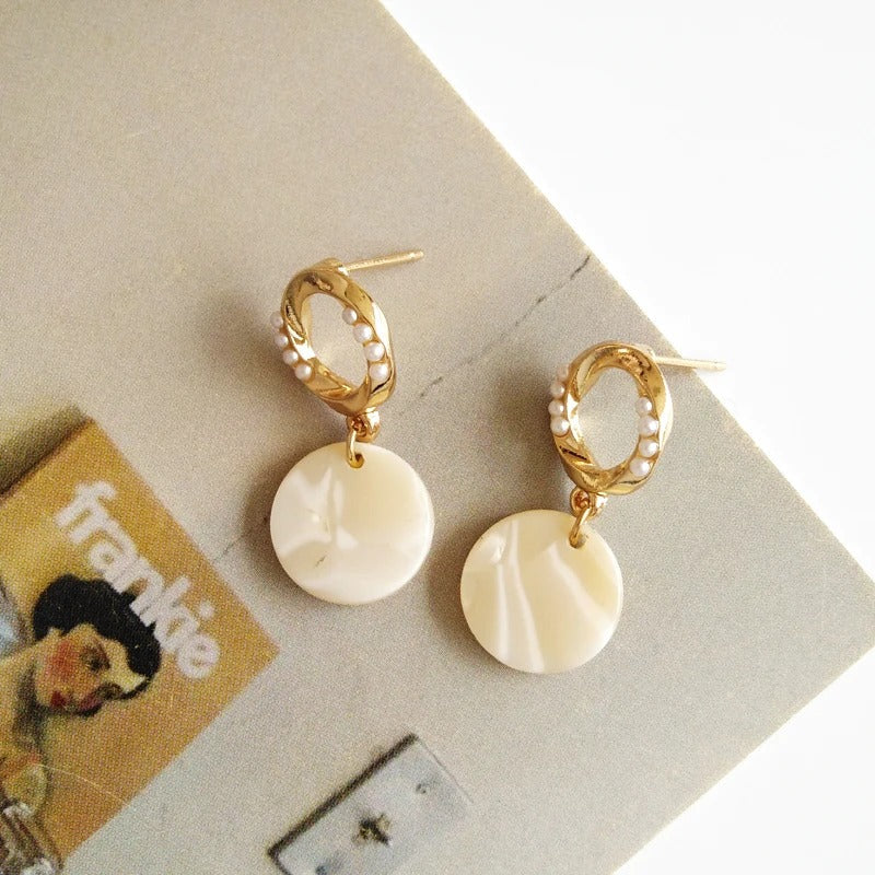Gold & White Round Pearl Drop Earrings-EllyBoutique