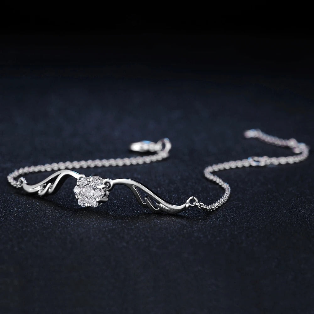 Vintage Silver Crystal Flower & Curved Design Bracelet-EllyBoutique