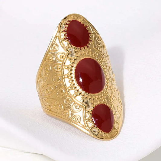 Vintage Gold & Red Tri-Stone Adjustable Ring-EllyBoutique