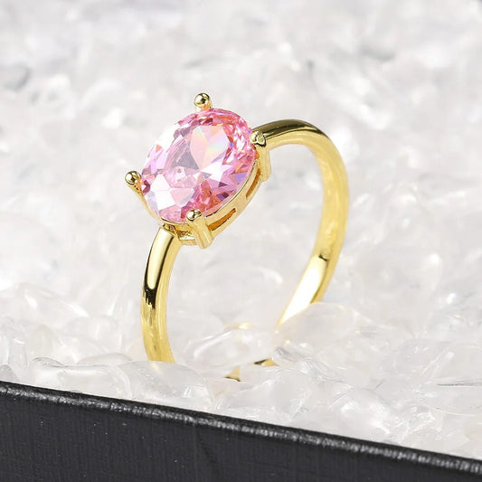 Gold Oval Pink Center Stone & Smooth Band Ring-EllyBoutique