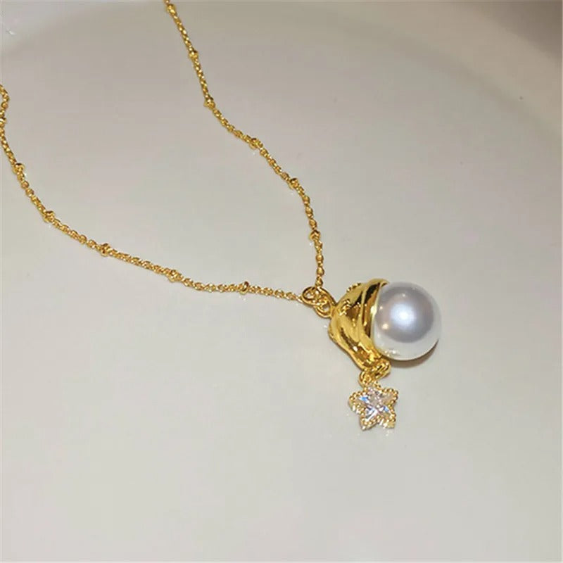Vintage Gold Pearl Pendant & Star Charm Necklace-EllyBoutique