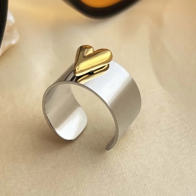 Vintage Silver & Gold Heart Cuff Open Ring-EllyBoutique