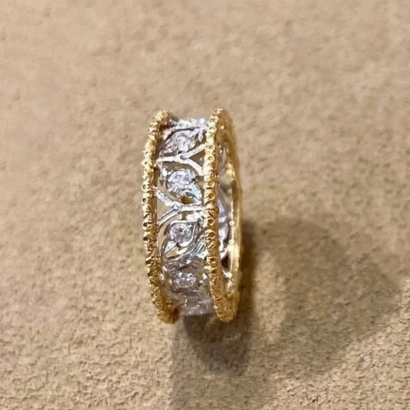 Classic Gold & Silver Carved Diamond Leaf Adjustable Ring-EllyBoutique