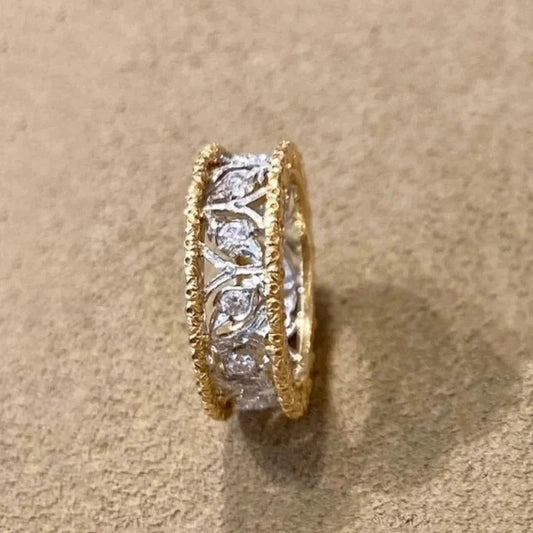 Classic Gold & Silver Carved Diamond Leaf Adjustable Ring-EllyBoutique