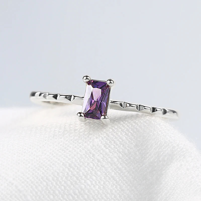 Silver Rectangular Purple Gem & Unique Textured Band Ring-EllyBoutique