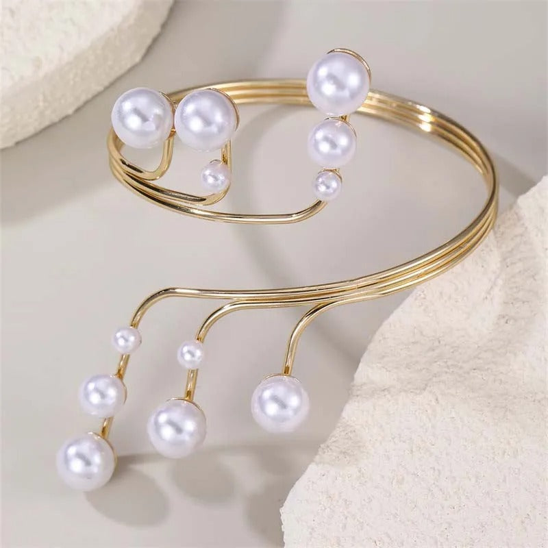 Vintage Gold & Cascading Pearl Bangle Bracelet-EllyBoutique