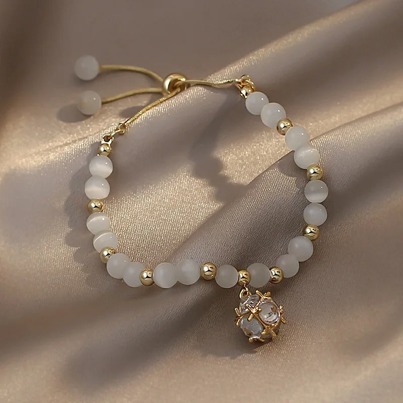 Gold White Beaded & Crystal Pendant Bracelet-EllyBoutique