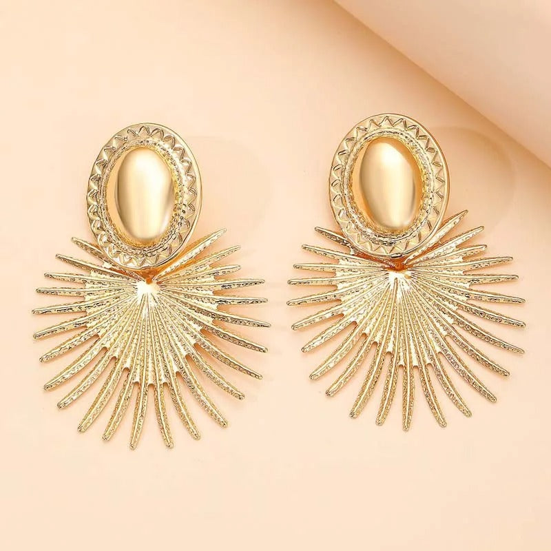 Gold Oval & Flared Sunburst Design Earrings-EllyBoutique