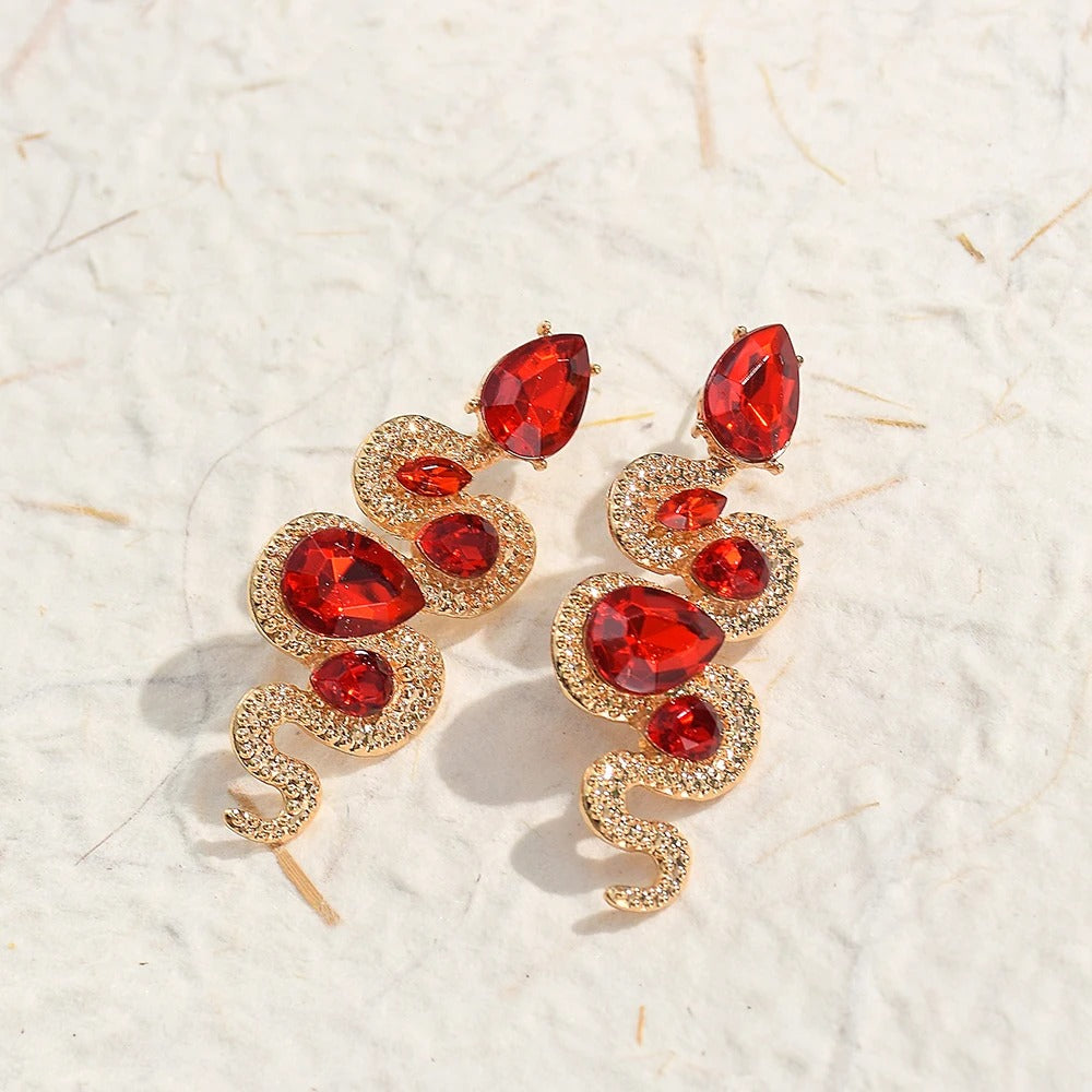 Vintage Red Snake Crystal Gold Earrings-EllyBoutique