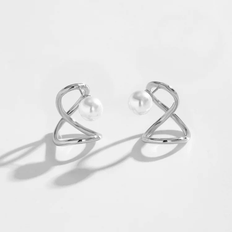 Silver Pearl Infinity Loop Earrings-EllyBoutique