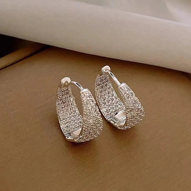 Silver Crystal Studded Hoop Earrings-EllyBoutique
