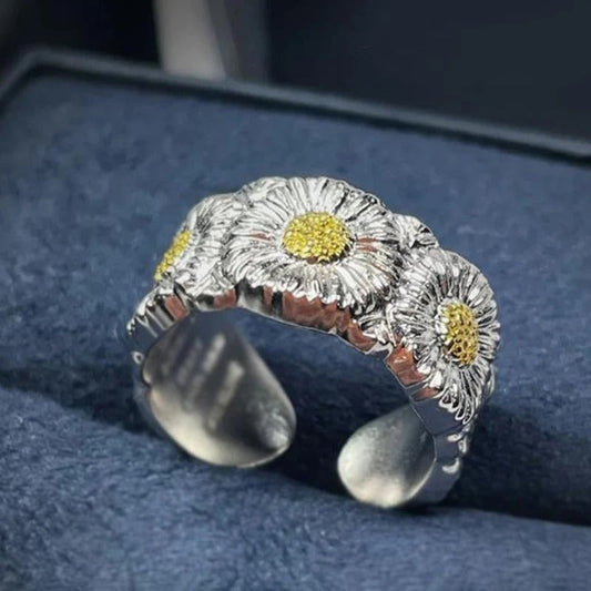 Classic Silver & Yellow Daisy Flower Adjustable Ring-EllyBoutique
